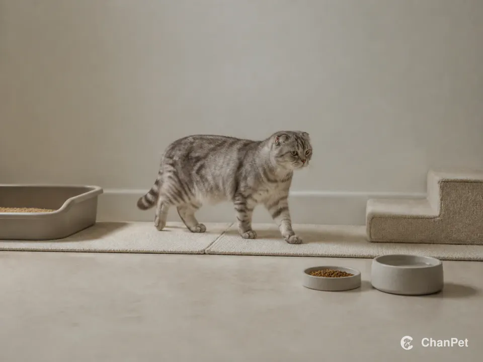 一只苏格兰折耳猫在低矮的室内路线中行走,周围有浅入口猫砂盆、低踏步和分开的食水。