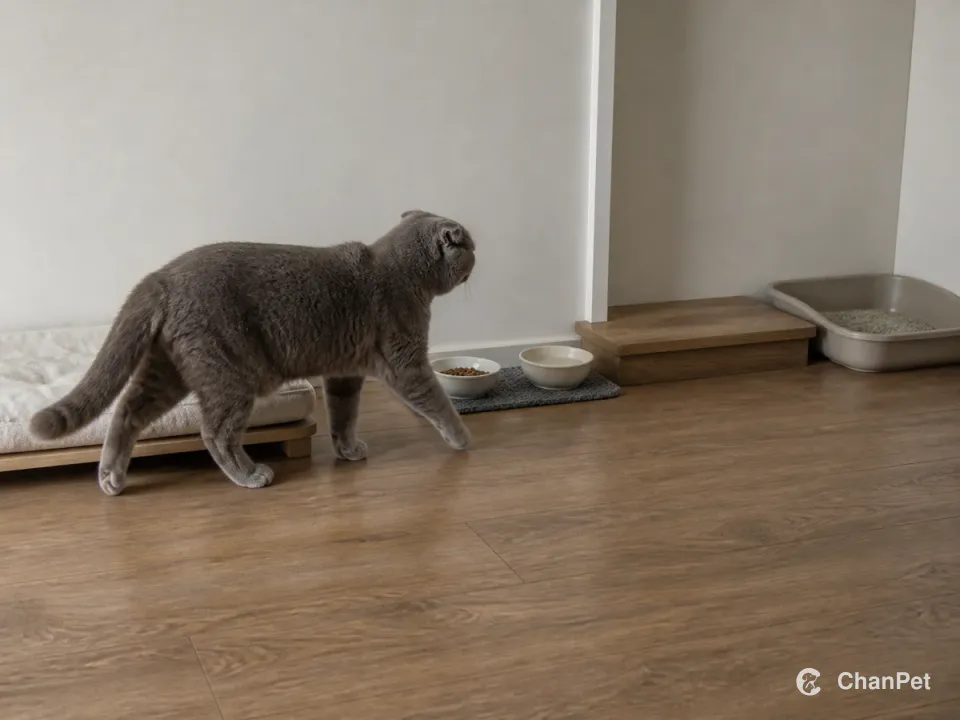 一只苏格兰折耳猫在低位休息面、食水区和浅入口猫砂组成的室内平缓路线中自然行走。