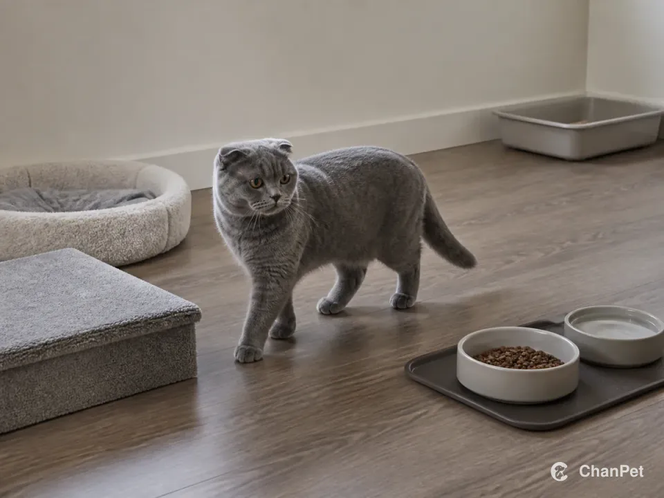 A Scottish Fold naturally moving through a gentle indoor route formed by a low sleeping nest, short step, food and water, and a shallow-entry litter tray.