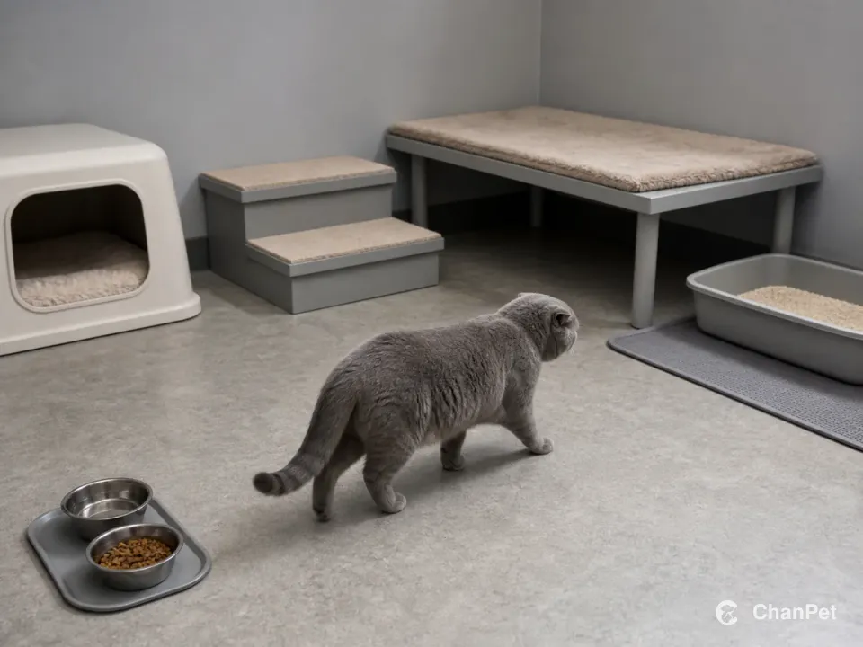 一只折耳猫沿低位路线行走,旁边有低睡窝、浅入口猫砂、分开的食水和通向低休息台的两级短踏步。