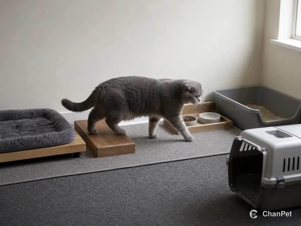一只苏格兰折耳猫在低睡窝、短踏步、食水和浅入口猫砂组成的室内路线中自然行走，旁边放着打开的无标识运输箱。