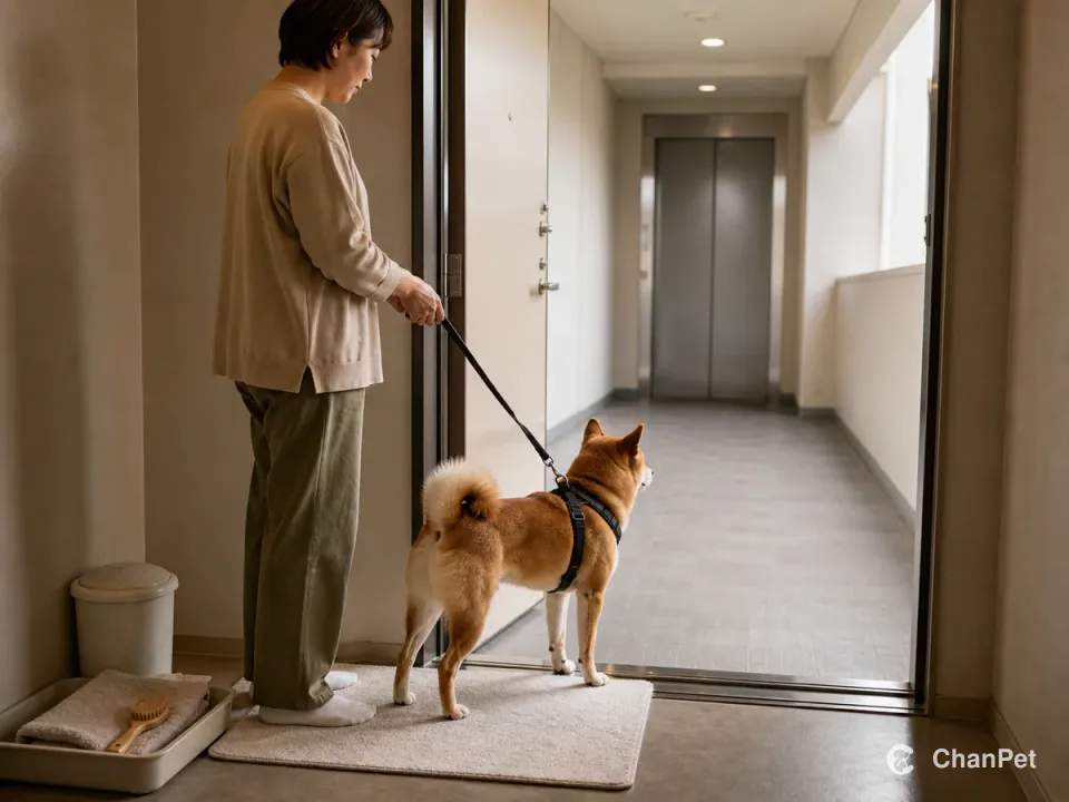 An adult holds a Shiba Inu on a short leash inside an apartment while the dog waits on a mat facing a corridor and closed elevator