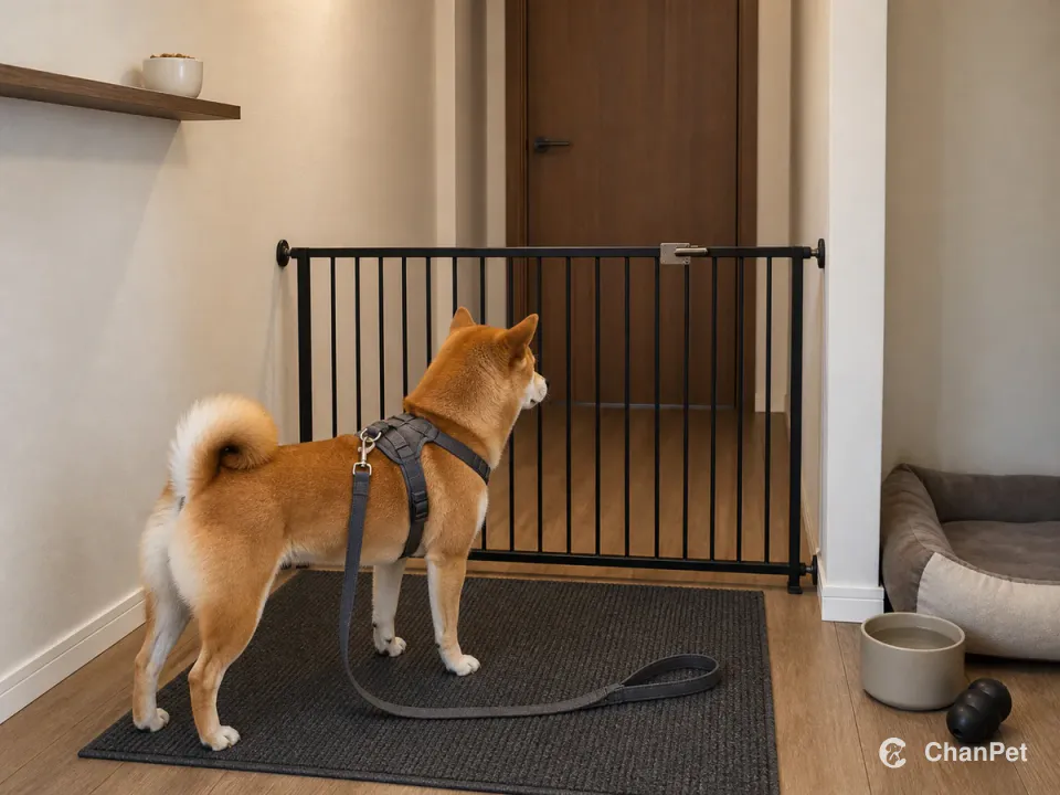 An adult red Shiba Inu wears a Y-front harness and stands on a nonslip waiting mat facing a closed metal gate and solid exterior door. A loose leash runs from one back attachment point onto the mat, while a reward cup is kept high inside the gate and a rest area provides a bed, water bowl and durable food toy.