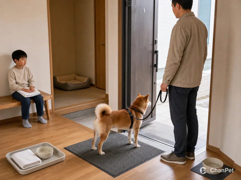 成人在门口握住柴犬的牵引绳，孩子坐在远处抱着回家清洁毛巾