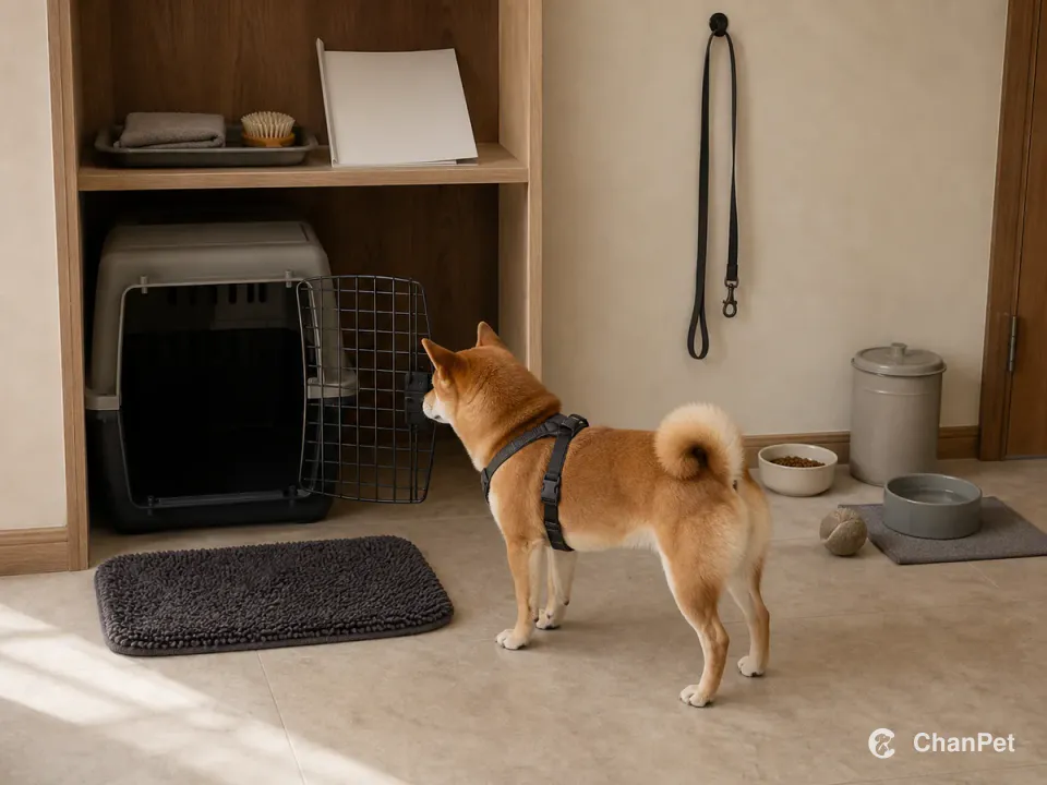 一只穿着合身 Y 型胸背的柴犬站在打开的运输箱旁，收好的牵引绳、空白健康资料夹、基础梳理工具、食物和饮水组成实用照护站