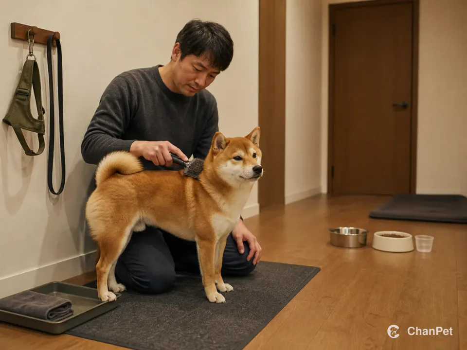 An adult brushes a Shiba Inu on an entry mat with the leash, towel, food, water, and a rest mat kept in fixed places