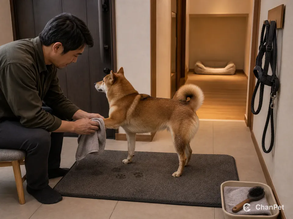 主人坐在关闭的入户门旁给柴犬擦一只前爪,泥脚印停在吸水垫上,安静休息窝位于室内通道尽头