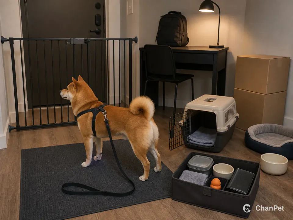 傍晚的学生住处里，一只成年红柴犬穿着Y形胸背，在关闭门栏内的防滑垫上连接松弛牵引等待。闭合书包与台灯旁放着开放运输箱、无标记搬家箱和备用照护箱，箱内备有食物盒、碗、软布、耐咬玩具和空白资料夹，旁边保留犬床与水碗。