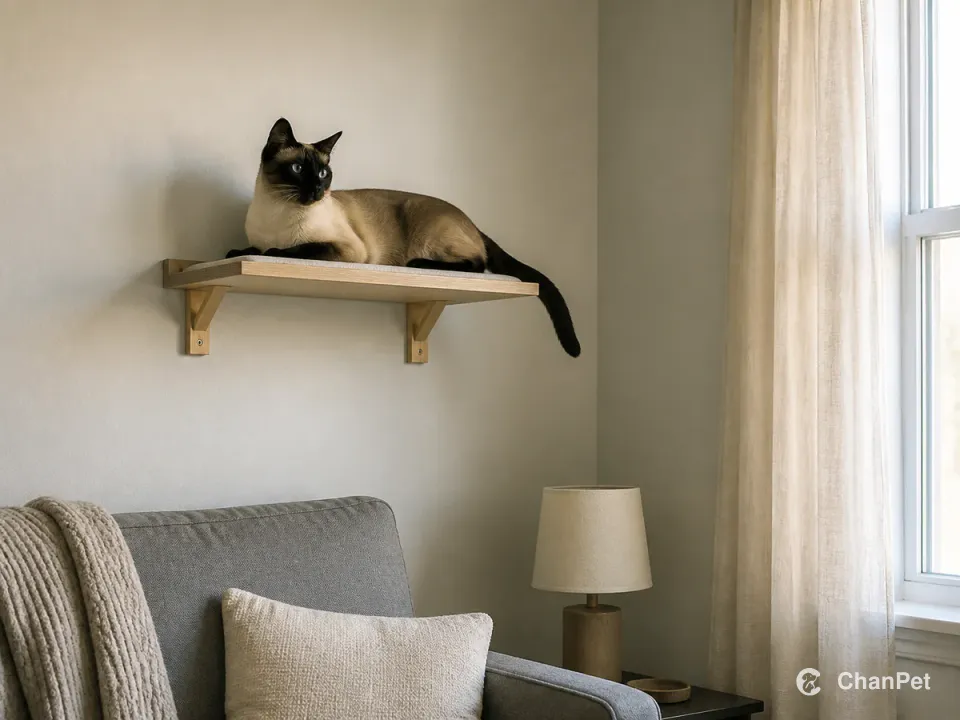 A seal-point Siamese resting on a wooden wall shelf above a compact living room