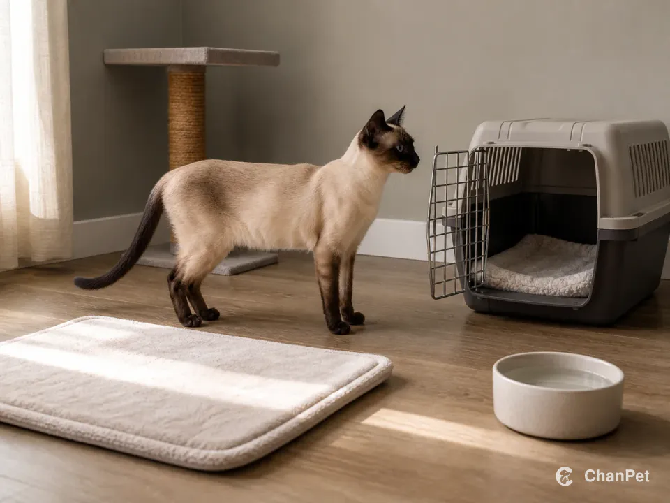 A Siamese cat pauses beside an open carrier with a mat, scratching post and water bowl.