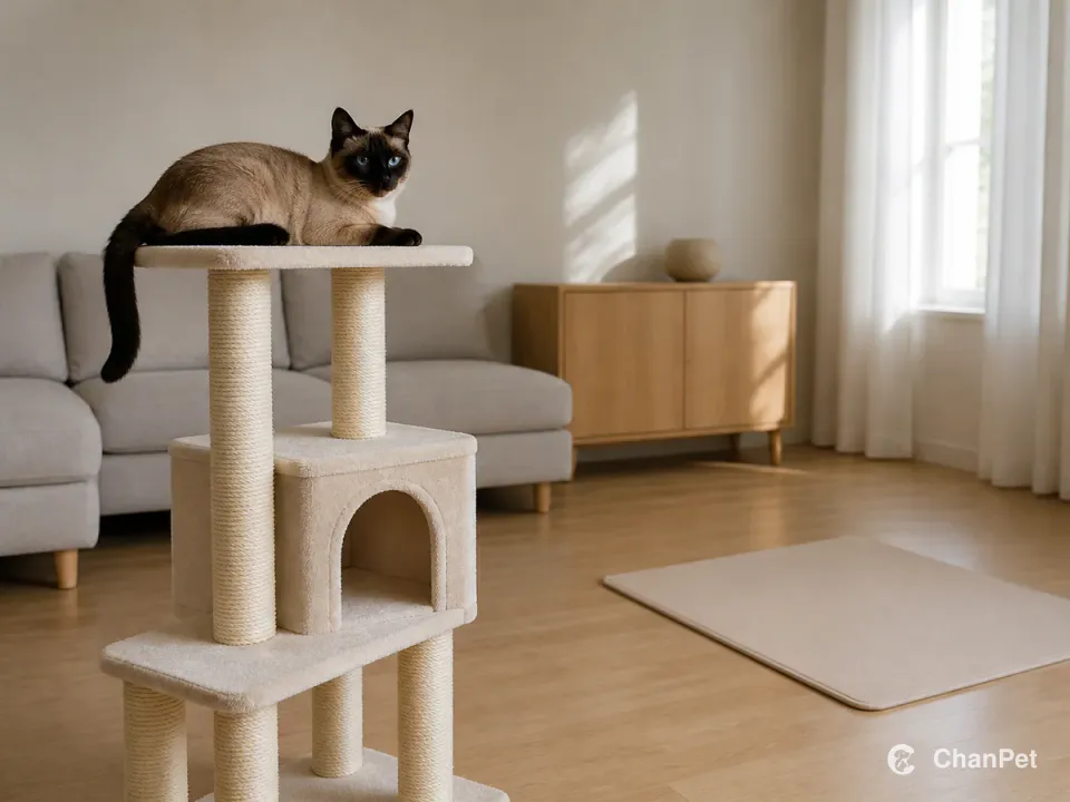 A seal-point Siamese resting on a high cat-tree platform in a living room with a clear quiet floor area