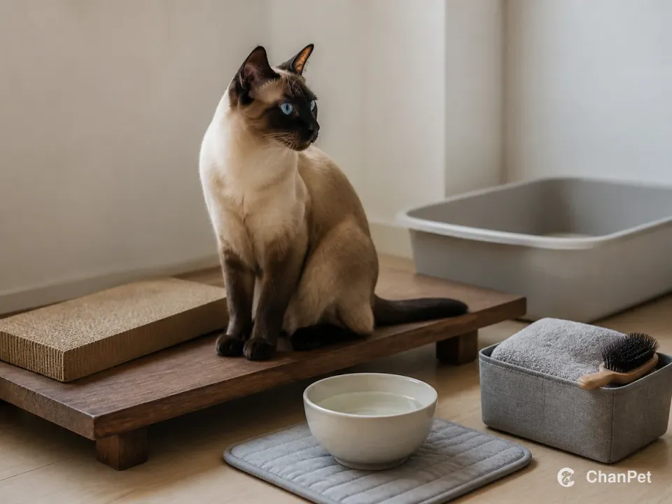 A Siamese cat sits on a wooden resting platform beside a scratching pad, water bowl, and clean litter tray
