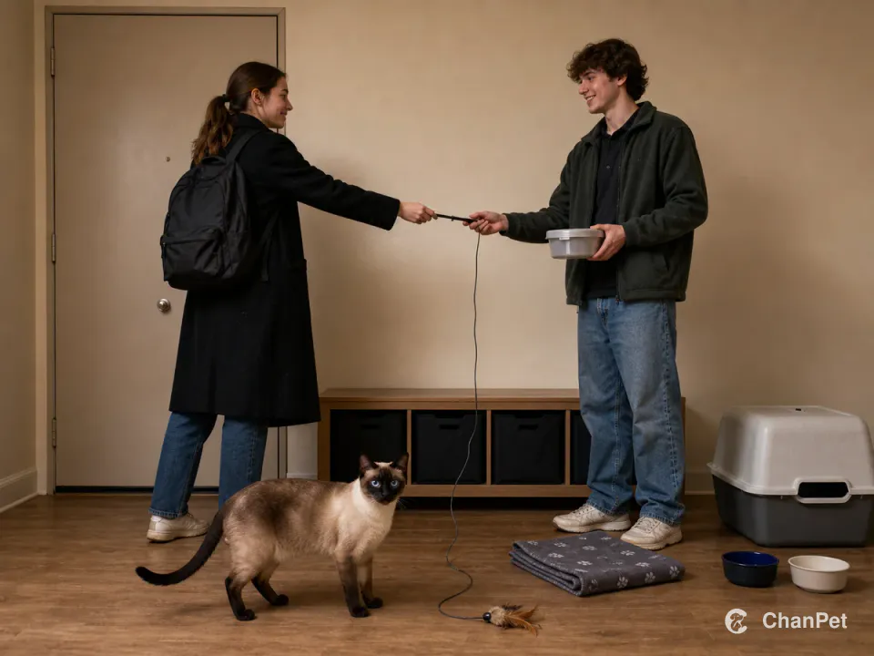 Before a late class, a student hands a wand toy and food container to a housemate while a blue-eyed Siamese stands nearby