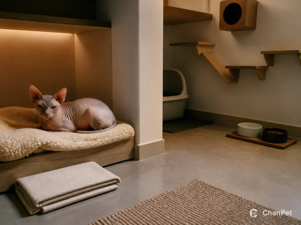 A Sphynx rests in a low bed with washable blankets and a folded cloth, while food, water, litter and a wall climbing route each have separate places.