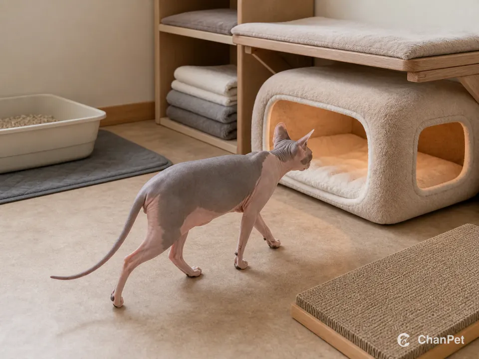 A Sphynx cat walks toward a warm two-exit resting den beside high and low resting places, folded cloths, a scratching board and a separate litter area.