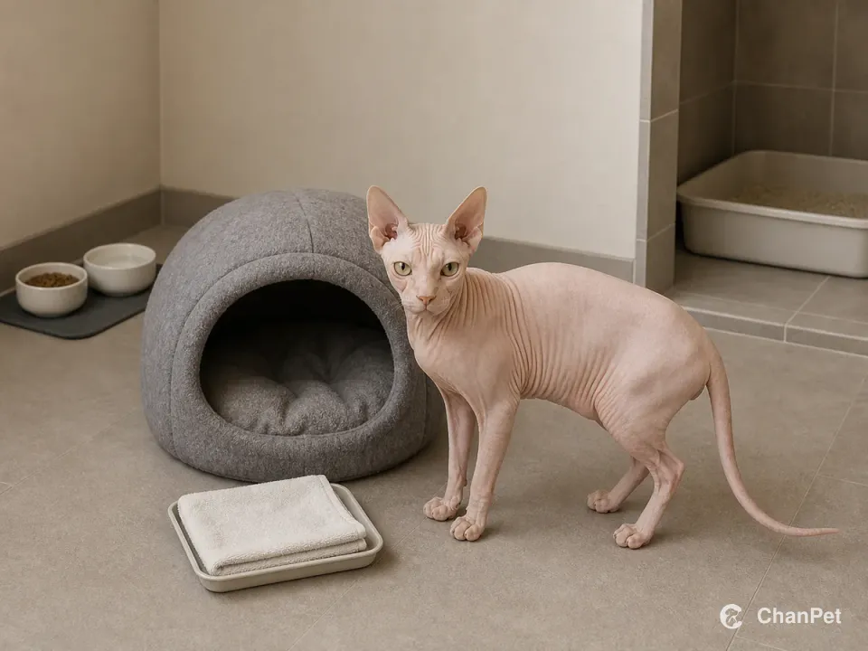 A pale pink Sphynx stands beside a warm low nest with folded care cloth, while food, water and litter sit in separate areas.