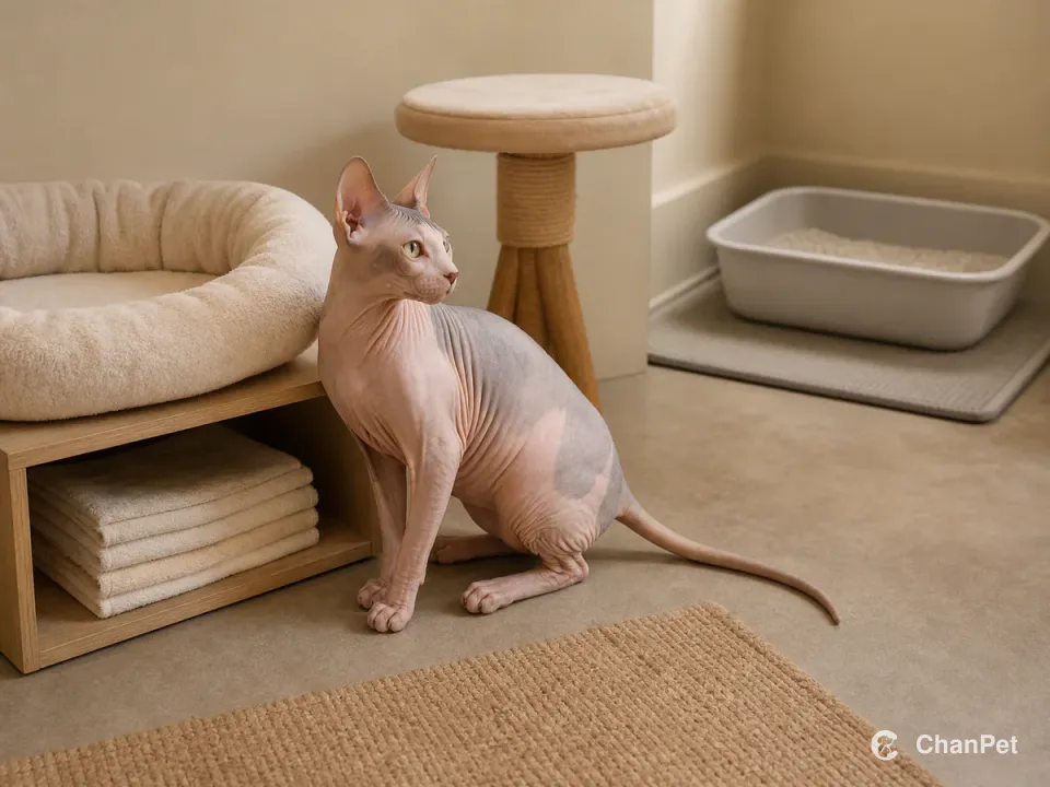 A hairless Sphynx cat sits beside a washable padded bed with folded plain care cloths stored below and separate scratching and litter areas.