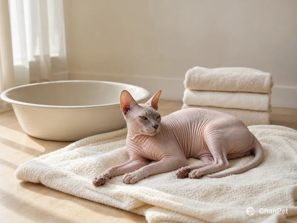 An adult Sphynx cat rests on a pale washable blanket beside a shallow basin and plain folded towels.