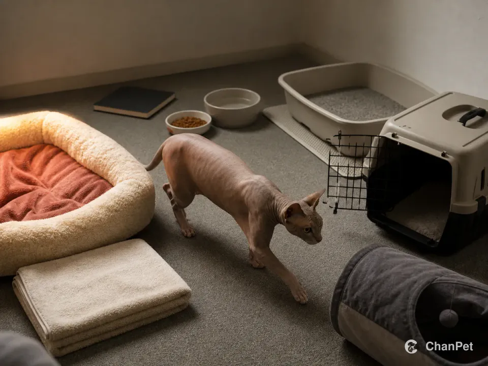 A Sphynx walks past a warm low bed, folded washable cloths, food and water, litter, a play tunnel and an open plain carrier.