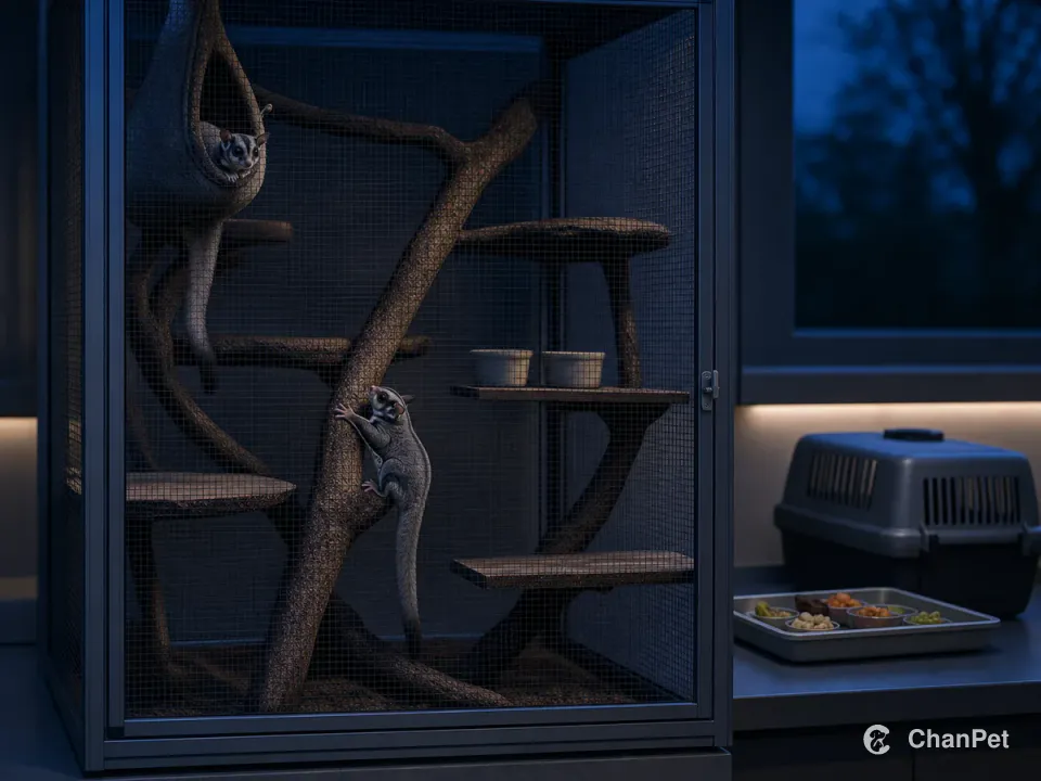 Two sugar gliders are active at night inside a tall closed professional enclosure, one climbing a branch and one looking from a high sleeping pouch beside prepared food and a carrier
