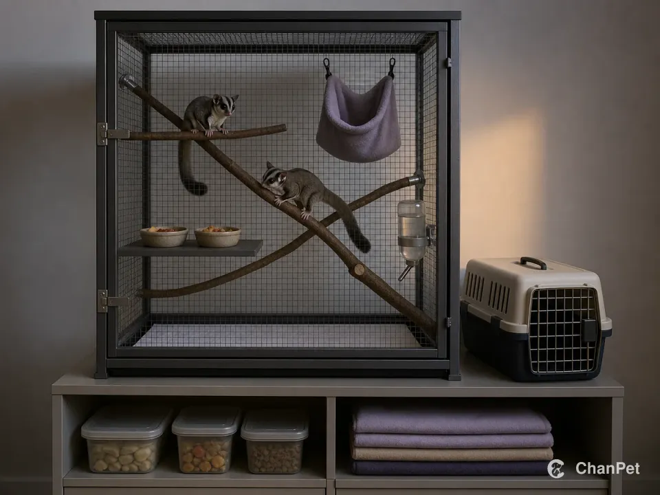 Two sugar gliders use branches inside a closed tall enclosure with a sleeping pouch, two feeding places and water, while a carrier and recurring supplies wait outside