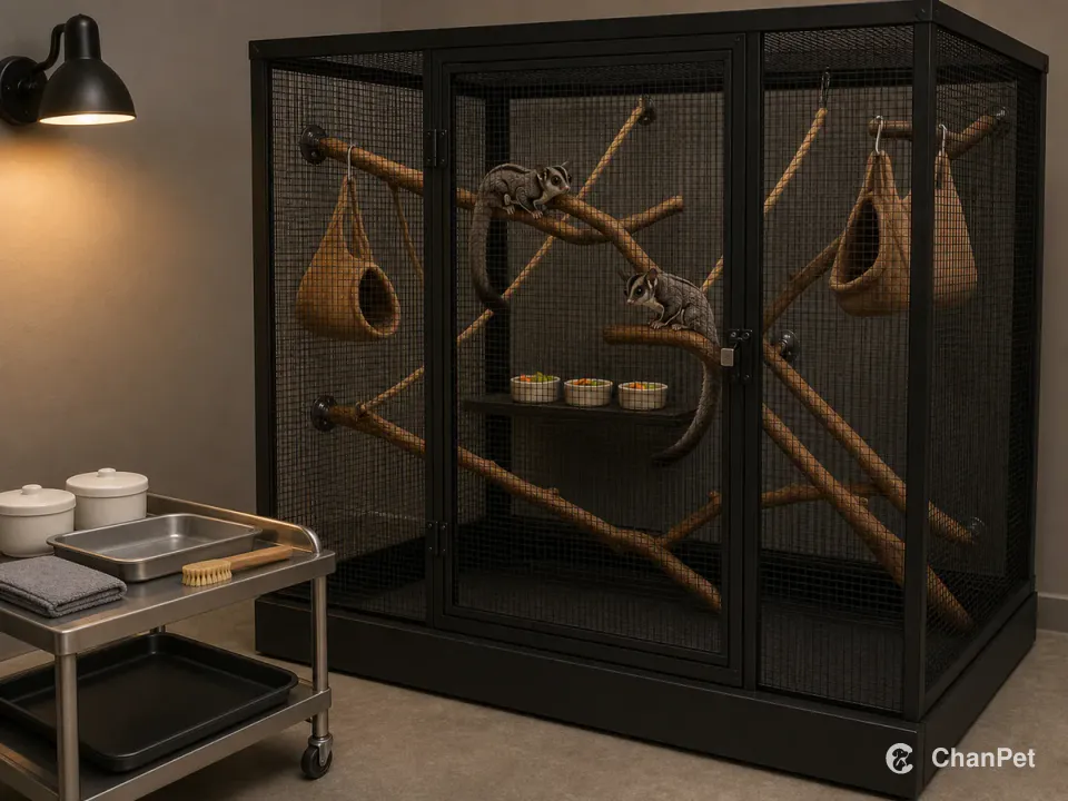 Two sugar gliders use branches inside a closed tall mesh enclosure with sleeping pouches and internal food cups while cleaning and meal-preparation tools remain outside