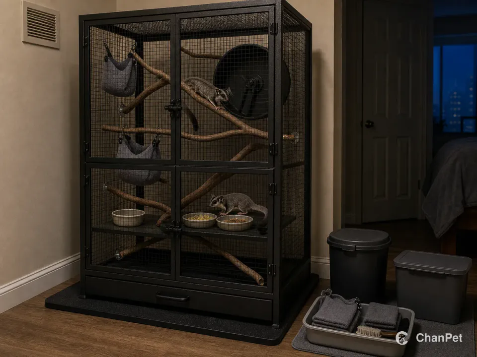 Two sugar gliders move near a wheel and feeding shelf inside a closed tall mesh enclosure at night, with replacement fleece, cleaning cloths, brush, and closed bins outside
