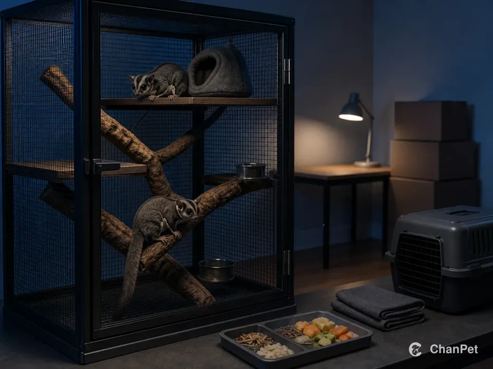 Two sugar gliders remain active at night inside a tall closed professional enclosure beside food preparation, cleaning cloths, a carrier, an empty desk, and plain moving boxes