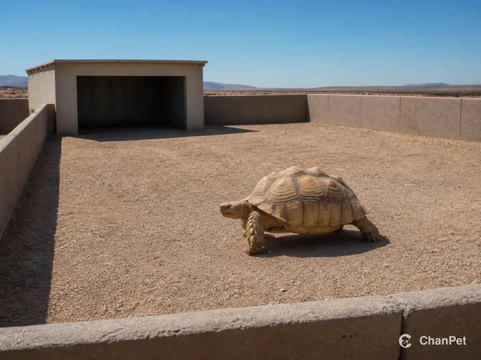 An adult Sulcata tortoise walks inside a broad continuous-walled ground habitat with a shaded shelter and open sunlit area.