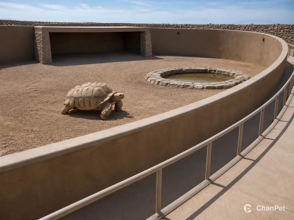 An adult Sulcata tortoise walks in a wide enclosed ground habitat with a shaded shelter, shallow water area and an empty outer viewing lane.
