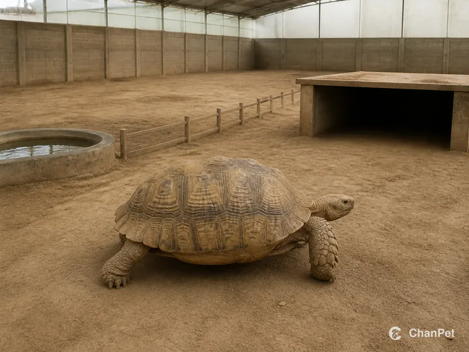 An adult sulcata tortoise walks through a spacious fenced ground habitat with a water basin and shaded shelter