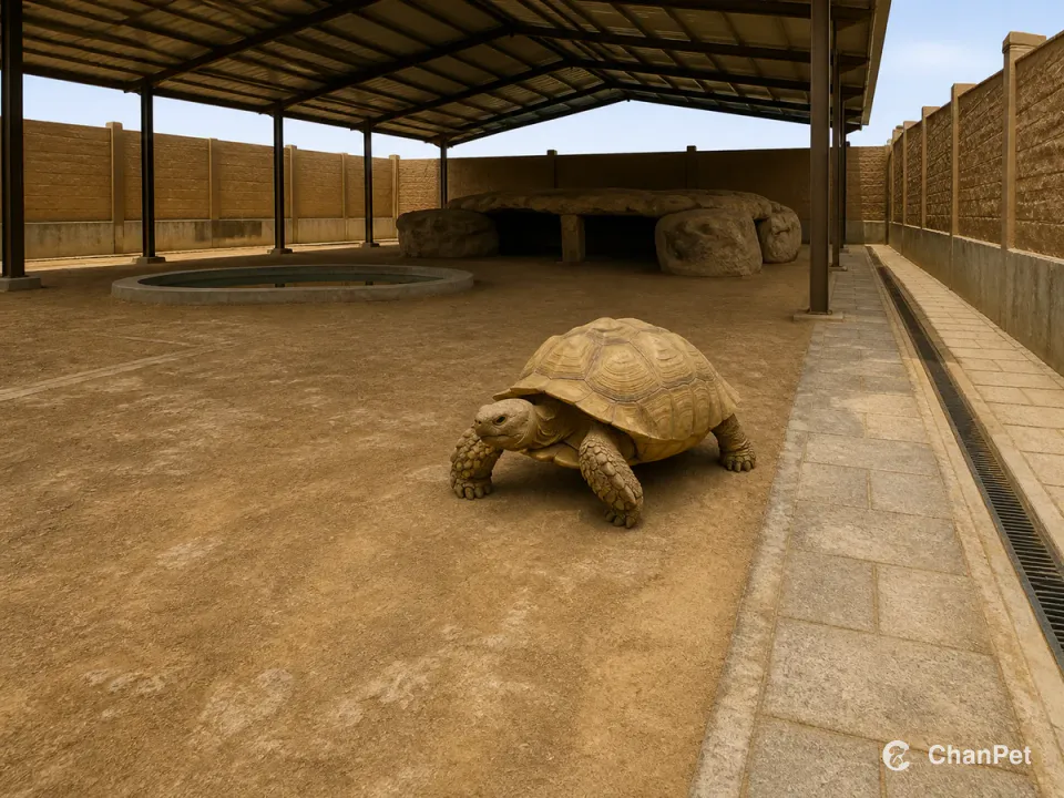 An adult sulcata tortoise moving through a fixed outdoor habitat with continuous boundaries, shelter, water, cleanable ground and a drainage service lane.
