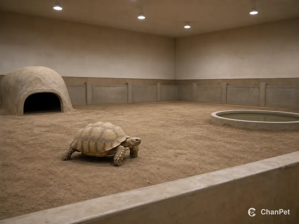 An adult sulcata tortoise moving through a wide permanent indoor ground habitat with continuous perimeter walls, a built shelter and a water basin.