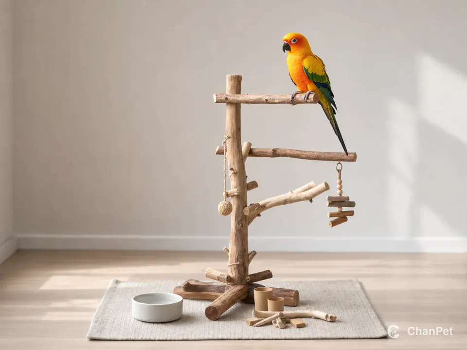 A sun conure perches on a freestanding indoor play stand above a water dish, foraging materials and a washable mat.