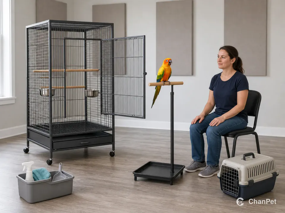 A sun conure calls from an activity stand while a caregiver sits nearby, with its open cage, cleaning caddy and travel carrier in view