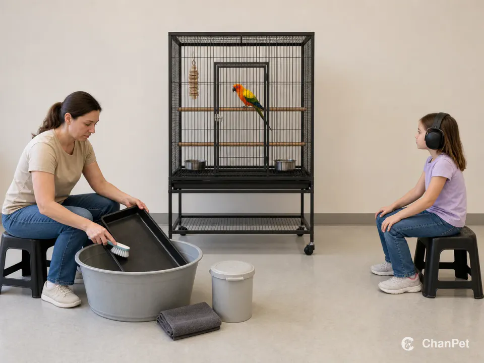 成人在完整关闭的鸟笼外刷洗备用底盘，戴护耳的孩子隔开距离观察笼内太阳锥尾鹦鹉