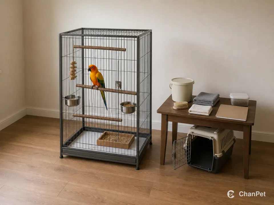 An adult sun conure stands in a complete flight cage while food, enrichment, cleaning supplies, health records, and an avian carrier are ready together