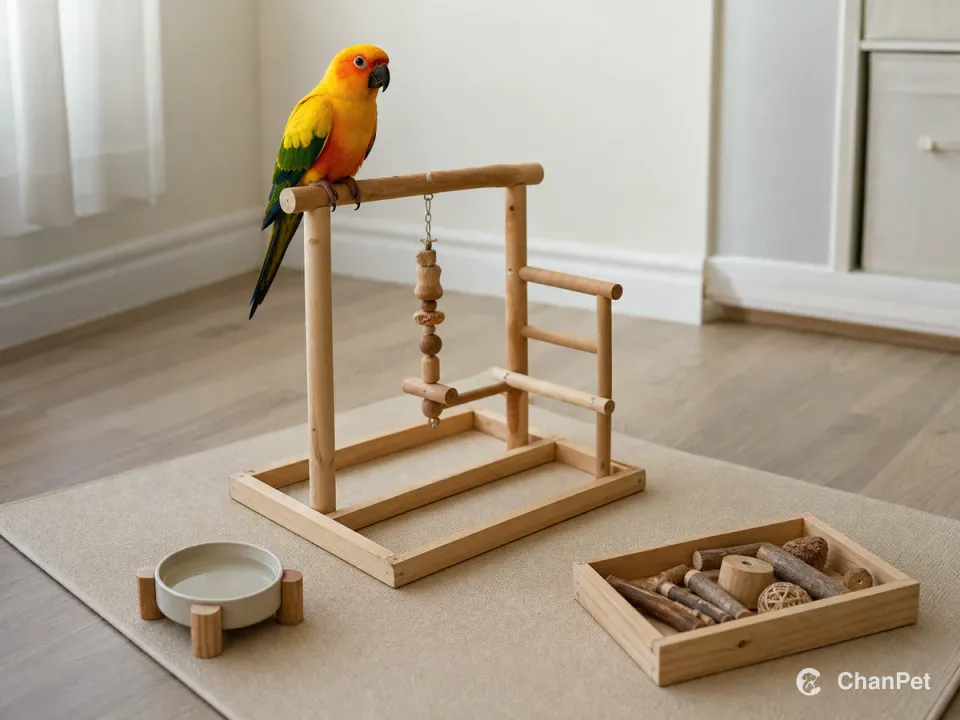 A sun conure on a wooden activity stand above an easy-clean mat, with a water bowl and foraging tray beside it.