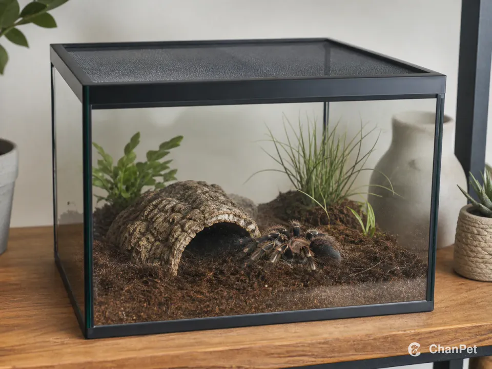 A tarantula resting beside a bark hide inside a closed, intact glass enclosure