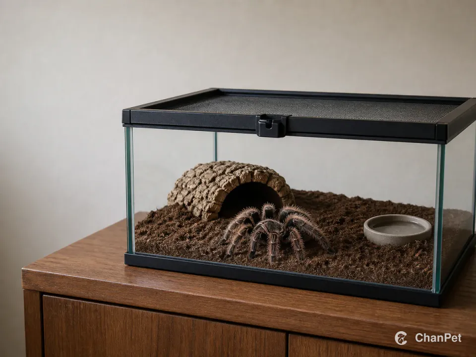 An adult tarantula inside a low closed glass habitat with substrate, a cork hide and a shallow water dish.