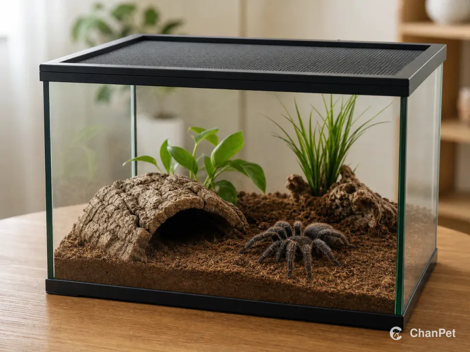 A tarantula resting near a hide inside a closed, intact glass terrarium