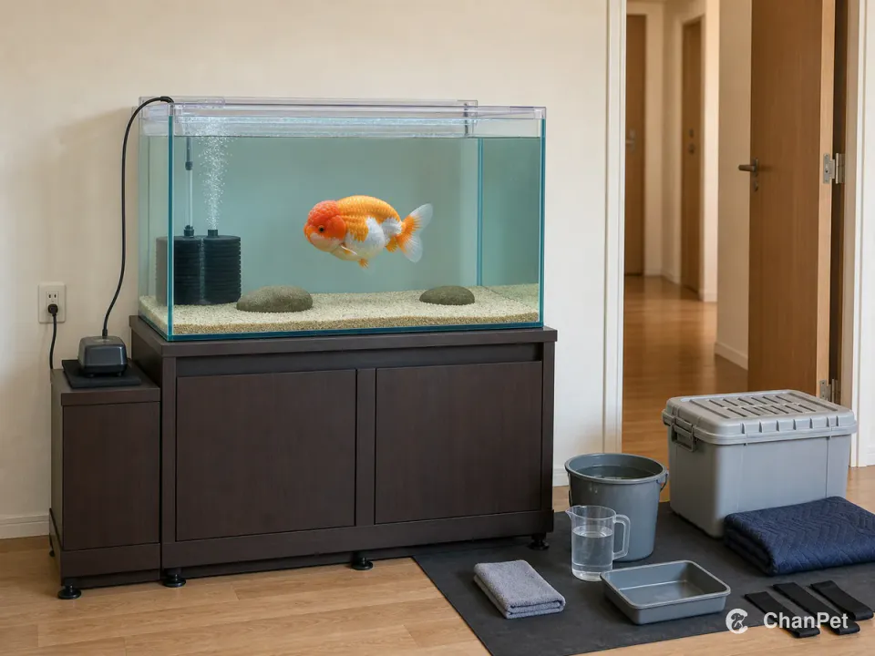 A dorsal-fin-free Thai lionhead goldfish swims in a covered large tank above a reinforced cabinet, with water-change and moving supplies beside a clear hallway.