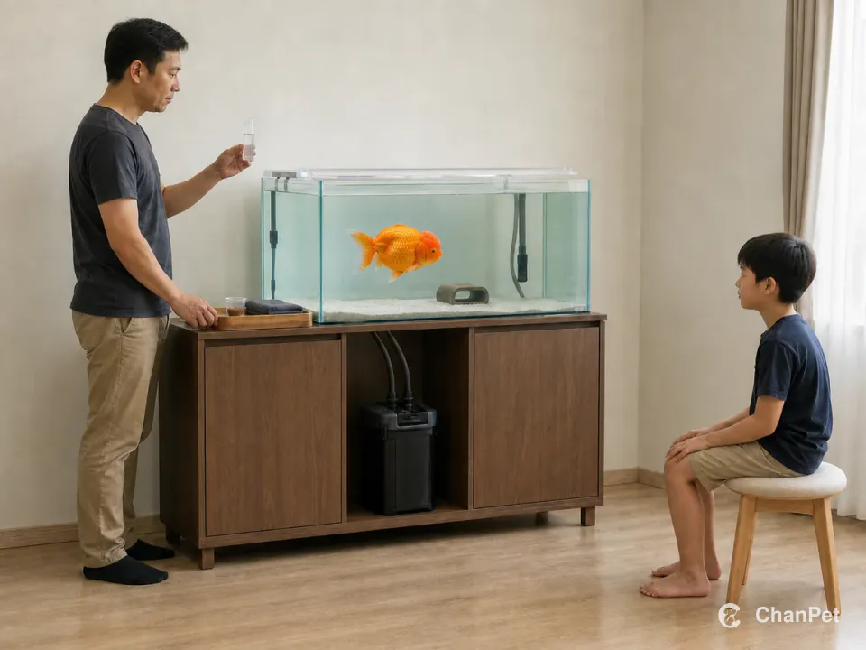 An adult checks a water sample outside a covered Thai lionhead tank while measured feed stays beside him and a seated child observes with hands on knees.