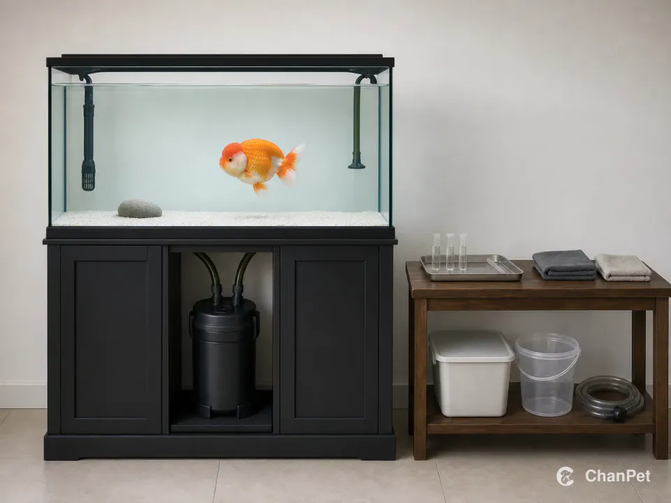 A dorsal-finless Thai lionhead swims in a complete tank while the cabinet filter runs and water samples, a bucket, siphon, and isolation tub stay ready beside it.