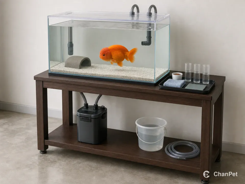 One orange dorsal-fin-free Thai lionhead goldfish swims in a covered aquarium beside a canister filter, water-test samples, measured feed and partial-water-change tools.