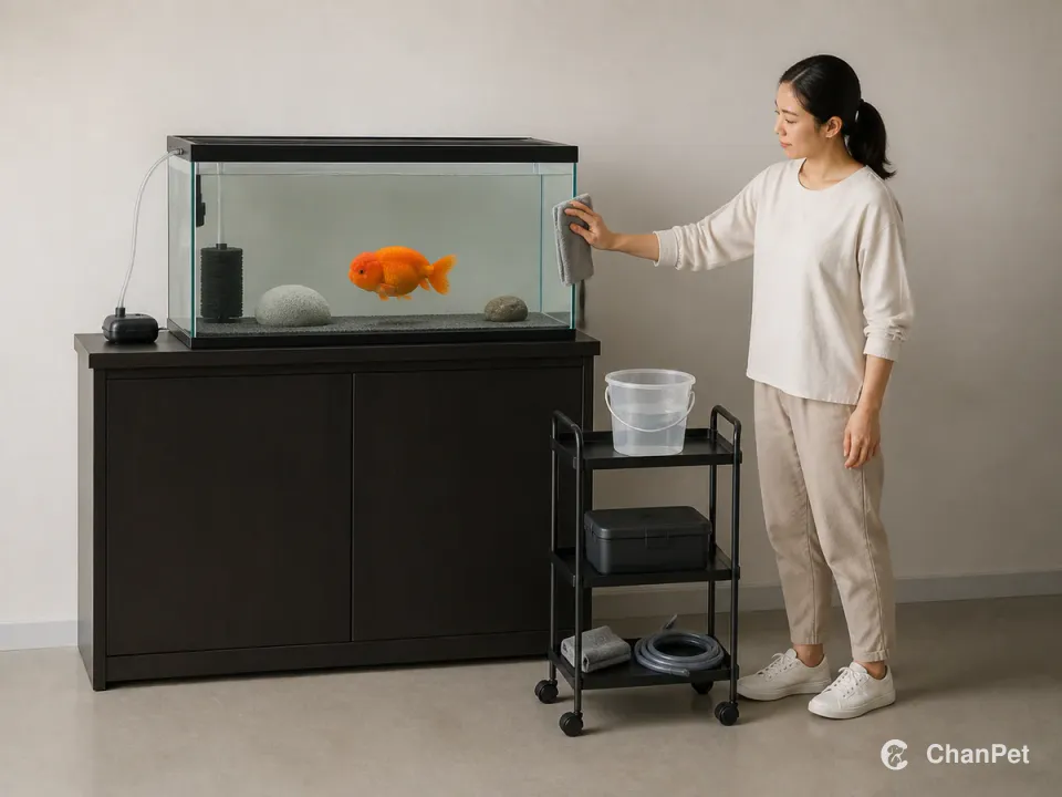 A dorsal-less Thai lionhead swims as a caretaker wipes the outer glass beside a compact water-care trolley.