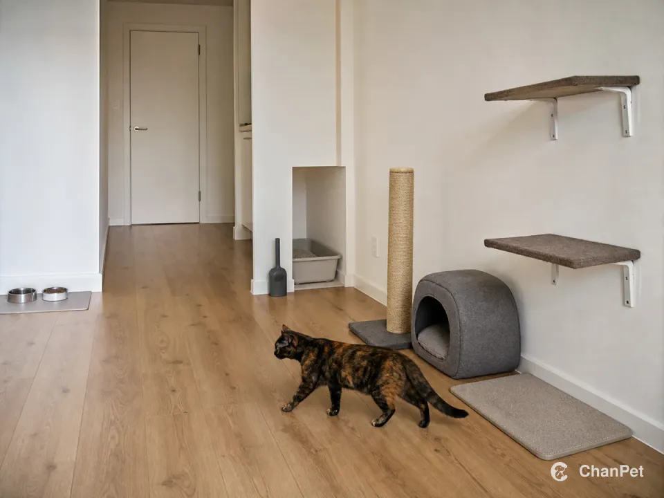 A tortoiseshell cat follows a wall route past a litter alcove, scratching post, covered bed and supported platforms.