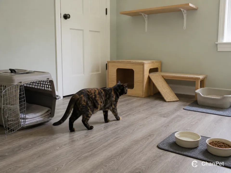 A black-and-orange tortoiseshell cat walks from a fully open carrier toward a two-exit hide in a quiet room with separate litter, food, water, scratching, and supported perch zones