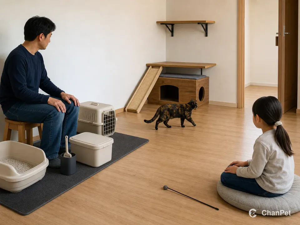 An adult sits beside the litter, food container, and carrier while a child waits with hands on knees and a black-and-orange tortoiseshell cat walks toward a two-exit hide, high perch, and open doorway