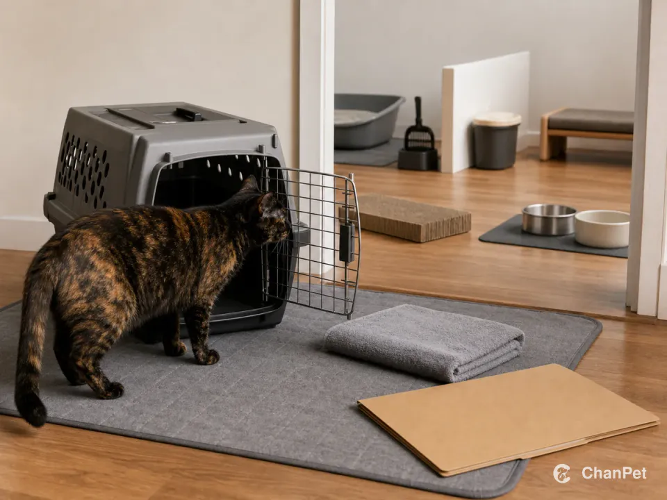 A tortoiseshell cat beside an open carrier, washable mat, towel, and blank health folder by the exit, with food, litter, and scratching ready behind